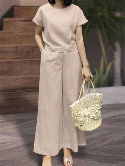 Women'S Elegant Solid Color Short Sleeve Top & Wide Leg Pants Set - Perfect Matching Outfit with Pockets, Crew Neck, Regular Fit for Spring/Summer, Casual Outfit|Elegant Casualwear| Texture