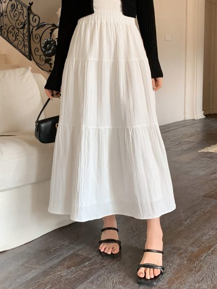 Elegant High-Waisted Maxi Skirt for Women - Flowy Ruffled Design, Solid White Polyester Blend, Machine Washable, Perfect for Spring/Summer/Fall, Fall Casual Wear | Elegant Maxi Skirt | Nontransparent Material