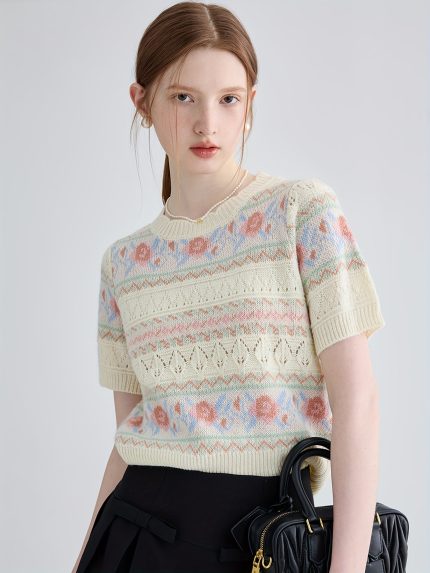 Women'S Floral Sweater - Casual Short Sleeve, Loose Fit, Round Neck, Lightweight Top with Intricate Hollow Design and Pastel Color Patterns for Spring/Summer/Fall, Lightweight Knitwea