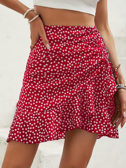 Women's High-Waist Floral Wrap Skirt with Ruffle Hem - Elegant Black & White Polka Dot Mini Skirt, Machine Washable Polyester, Perfect for Spring/Summer/Fall