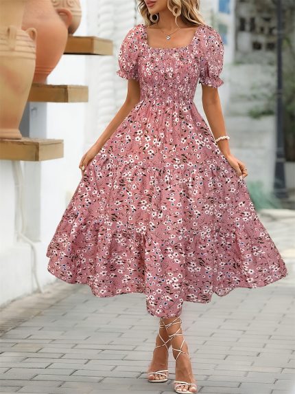 Women'S Elegant Floral Print Midi Dress with Ruffle Sleeves, Square Neck, and Cinched Waist - Perfect for Spring/Summer, Casual Style, Casual Summer Wear|Floral Print Dress|Polyester Fabri