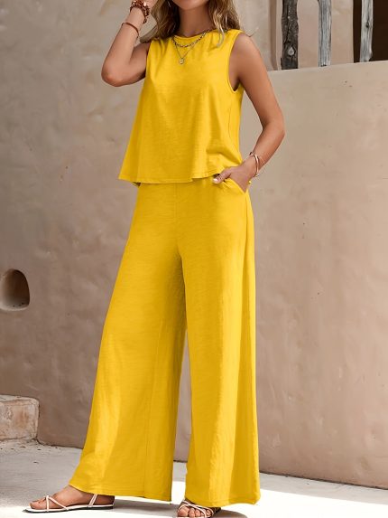 Women's Stylish Red Sleeveless Top & Wide-Leg Pants Set - Polyester, Solid Color, Spring/Summer Casual Wear