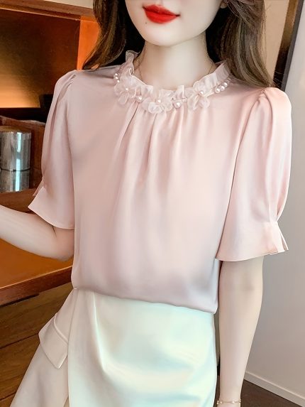 Women'S Elegant Chiffon Blouse with Stand Collar and Ruffled Sleeves - Short Sleeve, Solid Color, Button Detail, Versatile and Stylish, All-Season Top, Stylish Top|Short Sleeve Shirt|Chiffon Fabri
