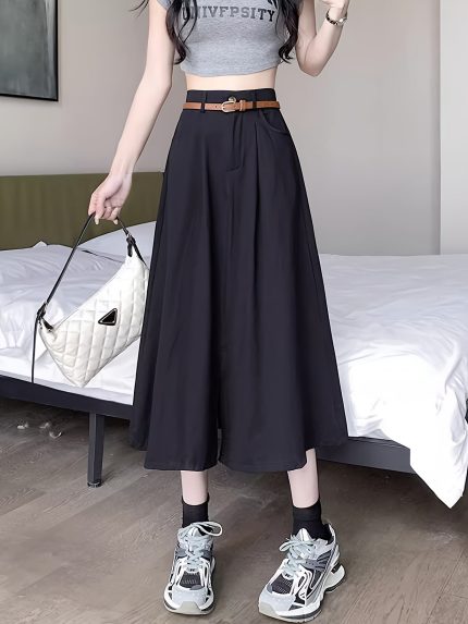 Women's High-Waisted A-Line Skirt - Beige Vertical Stripes Office to Casual Skirt, Machine Washable Non-Stretch Fabric for Spring Summer Fall, High Waisted Skirt, Seasonal Fashion, Decorative Waistband, Solid Color Design