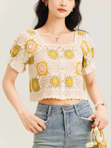 Women's Crochet Crop Top with Puff Sleeves & Square Neck - Floral Sunflower Jacquard Design, Lightweight Summer Blouse for Casual or Office Wear, Machine Washable, Crochet Top, Casual Chic Outfit, Nontransparent Fabric