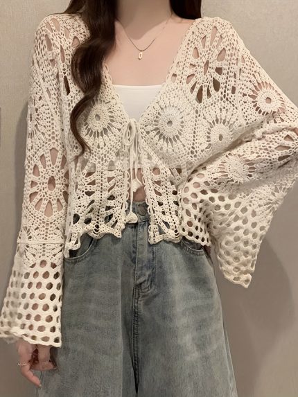Directional Front Cut-Out Cardigan, Casual Solid Color V-Neck Cardigan, Floral Embroidery Cardigan, Suitable for Spring, Summer, Autumn, Women's Wear